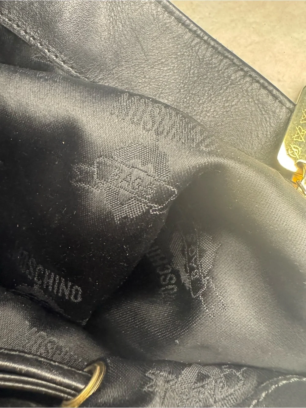 Moschino Black Drawstring Backpack with Gold Logo Patch 14x13x6